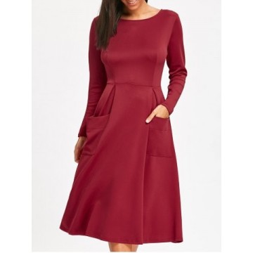 Long Sleeve Pockets A Line Midi Dress - Wine Red - M1387780