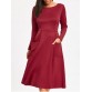 Long Sleeve Pockets A Line Midi Dress - Wine Red - M