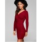 Long Sleeve V Neck Ribbed Sheath Dress - Wine Red - One Size