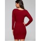 Long Sleeve V Neck Ribbed Sheath Dress - Wine Red - One Size