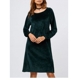 Long Sleeve Velvet Slit Dress - Blackish Green - Xl