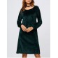 Long Sleeve Velvet Slit Dress - Blackish Green - Xl