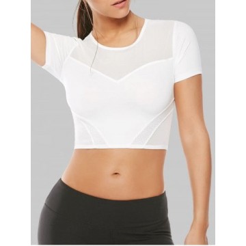 Mesh Panel Running Gym Cropped T-Shirt - White - S1157136