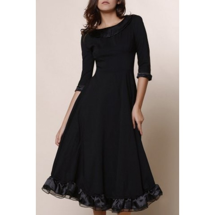 Midi A Line Flounce Swing Evening Dress - Black - 2xlDresses