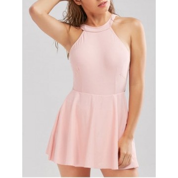 One Piece High Neck Backless Skirted Swimsuit - Pink - L