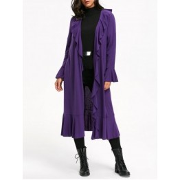Open Front Flare Sleeve Ruffles Long Coat - Purple - Xl
