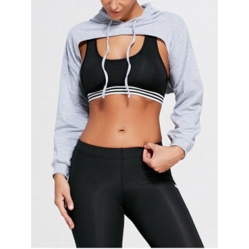 Open Front Sports Long Sleeve Cropped Hoodie - Gray - One Size
