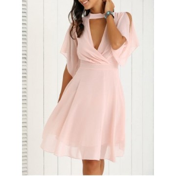 Petal Sleeve Knee Length Plunging Neck Pleated Dress - Pink - L