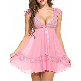 Plunging Neck See Through Swing Babydoll - Pink - Xl