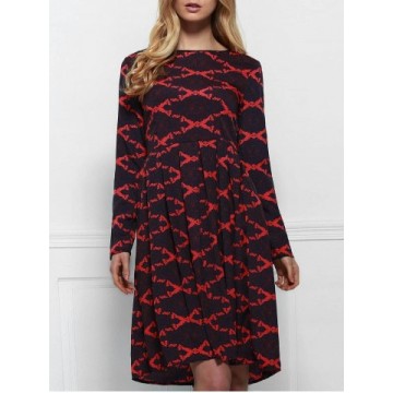 Round Neck Printed Long Sleeve A Line Dress - Deep Red - M248950