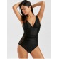Ruched Lace Panel  High Cut Plunge Swimsuit - Black - M1116961