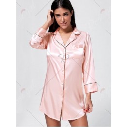 Satin Shirt Pajama Dress - Pink - M