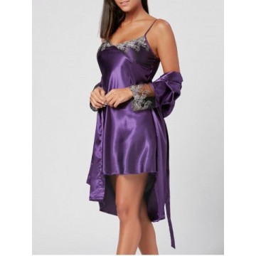 Satin Slip Pajamas Dress with Wrap Robe - Purple - Xl1284067
