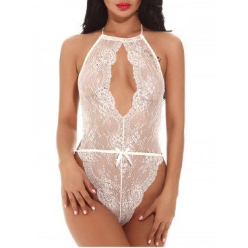 Scalloped Mesh Lace Backless Teddy - White - 2xl1226787