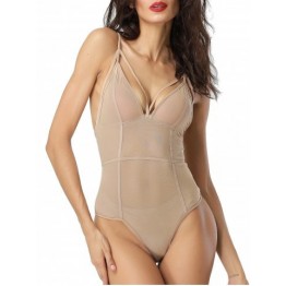 See Through Backless Low Cut Teddy - Yellowish Pink - L
