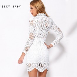 Sexy Club Dress 2016 White / Black  Embroidery Floral Celebrity  Bodycon Bandage  Dress Long Sleeve Slim Hollow Lace Dress