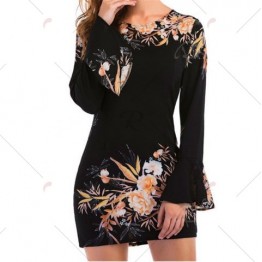 Short Positioning Floral Print Chiffon Dress - Black - L