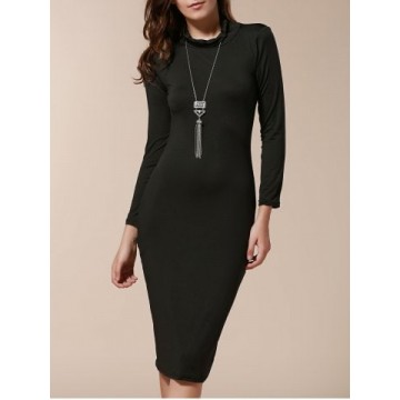 Simple Turtle Neck Long Sleeve Solid Color Slimming Women s Dress - Black - L149903