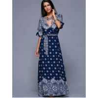 Slit Print Long Flowing Wrap Plunge Dress - Purplish Blue - One Size(fit Size Xs To M)