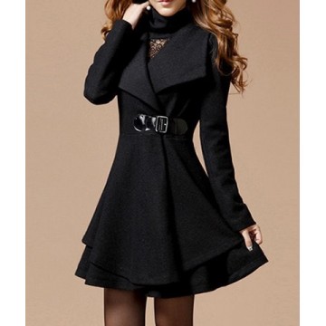Solid Color Noble Style Worsted Turn-Down Collar Long Sleeves Women s Coat - Black - Xl90154