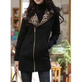 Stylish Long Sleeve Leopard Zippered Women's Hoodie - Black - L