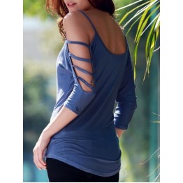 Stylish Scoop Neck Cut Out 3/4 Sleeve Pure Color T-Shirt For Women - Deep Blue - Xl