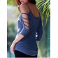 Stylish Scoop Neck Cut Out 3/4 Sleeve Pure Color T-Shirt For Women - Deep Blue - Xl