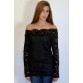 Stylish Slash Collar Off-The-Shoulder Long Sleeve Solid Color Lace Women s T-Shirt - Black - S177115