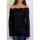 Stylish Slash Collar Off-The-Shoulder Long Sleeve Solid Color Lace Women's T-Shirt - Black - S