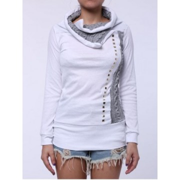 Stylish Turn-Down Collar Rivet Embellished Long Sleeve T-Shirt For Women - White - L