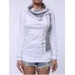 Stylish Turn-Down Collar Rivet Embellished Long Sleeve T-Shirt For Women - White - L150318