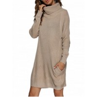 Turtleneck Shift Long Sleeve Sweater Dress - Apricot - M