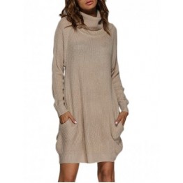 Turtleneck Shift Long Sleeve Sweater Dress - Apricot - M