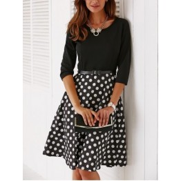 Vintage Belted Knee Length Polka Dot Dress - Black - M