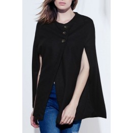 Vintage Style Scoop Neck Sleeveless Slant Cut Three Buttons Woolen Blend Women's Cloak - Black - One Size