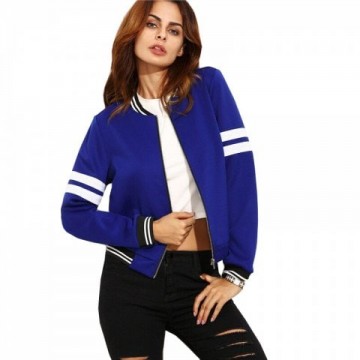 Women's Short Long Sleeves Zipper Jacket - Blue - L