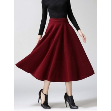Woolen A-Line Midi Skirt - Wine Red - M864349