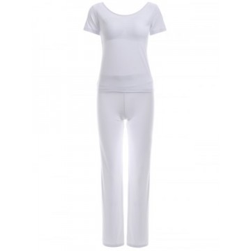 Pure Color Criss Back Short Sleeve Top and Loose Pants Sport Suit