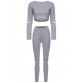 Stylish Scoop Neck Long Sleeve Hollow Out Solid Color Crop Top + Skinny Pants Women's Twinset