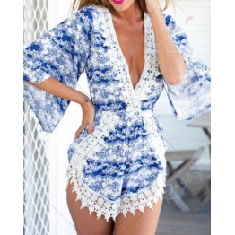 Stylish Plunging Neck Printed Lace Embellished Women's Romper