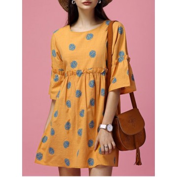 Sweet Bell Sleeves Polka Dot Ruffled Mini Dress For Women