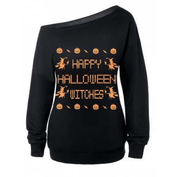 Skew Neck Witches Print Halloween Sweatshirt697573