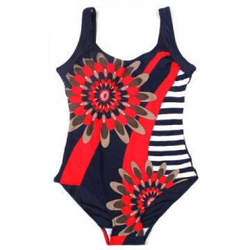 Chic Floral Pattern Stripe Spliced One-Piece Women s Swimwear416104