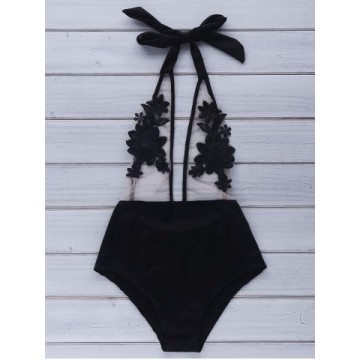 Fashionable Halter Voile Spliced Floral Pattern Backless Women s Swimwear434597