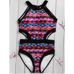 Fashionable Plus Size Cut Out Geometric Print Women's Swimwear