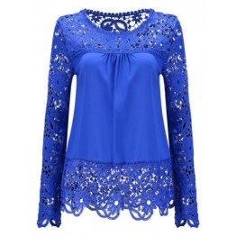Solid Color Lace Spliced Hollow Out Blouse