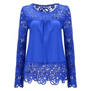Solid Color Lace Spliced Hollow Out Blouse