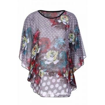 Stylish Scoop Neck Polka Dot Floral Print Dolman Sleeve Chiffon Blouse For Women